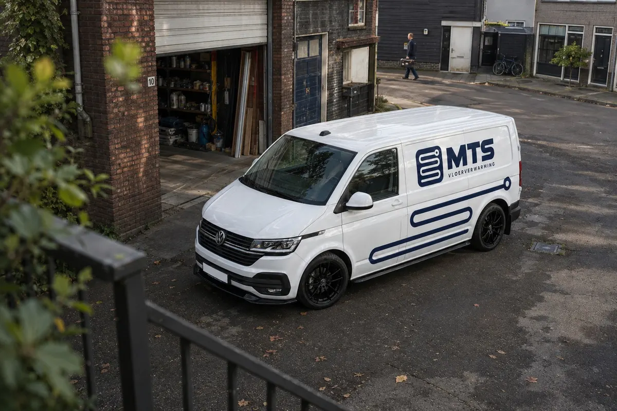 Witte bestelbus met het logo van MTS Vloerverwarming op de zijkant en de vloerverwarmingslus als striping, geparkeerd voor een bedrijfspand
