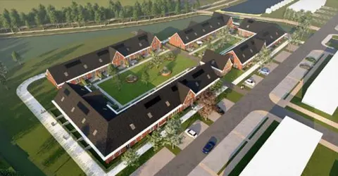 Een gerenderd vogelvluchtbeeld van een hofje van lage baksteenwoningen met kappen rond een groen binnenterrein, met water en bomen eromheen