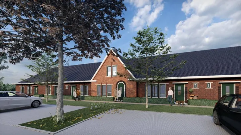 Een gerenderd straatbeeld van een rij lage baksteenwoningen met donkere pannendaken, met bomen, geparkeerde auto's en mensen op de stoep