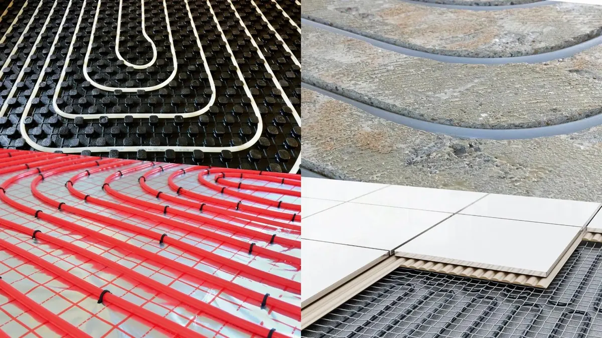 Vier manieren van vloerverwarming naast elkaar: buis in een noppenplaat, buis in een gefreesde sleuf, buis met tackerclips op folie en tegels op een droogbouwplaat