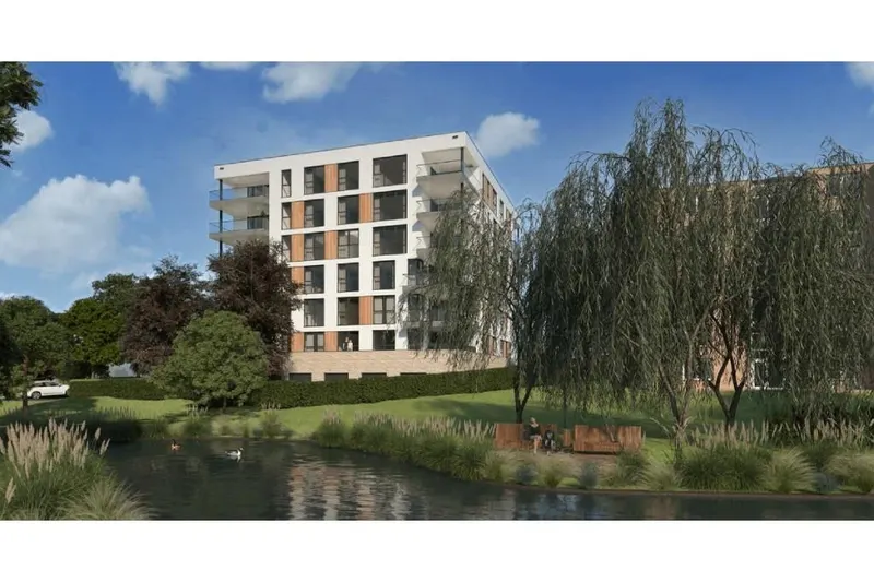 Het appartementengebouw in Lelystad aan het water