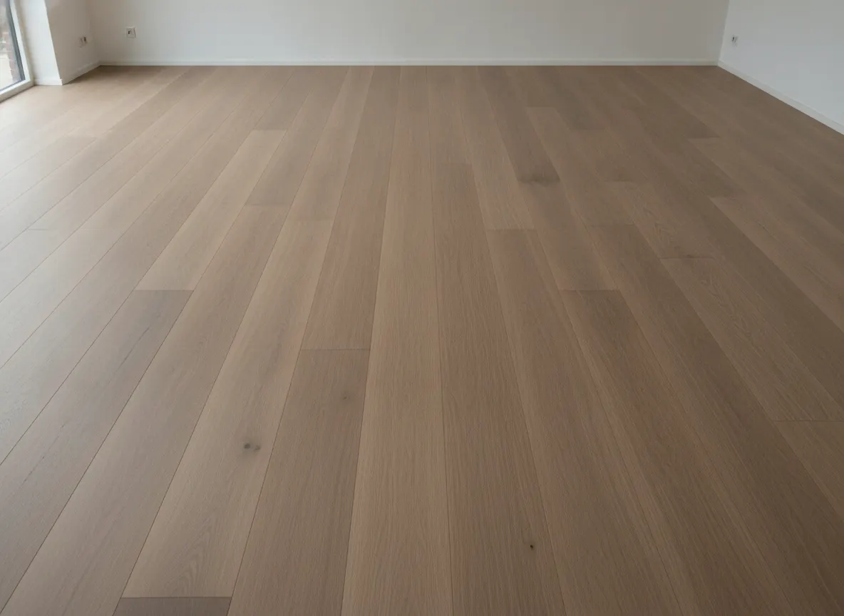 Een rechte plankenvloer met verspringende naden in een lege kamer